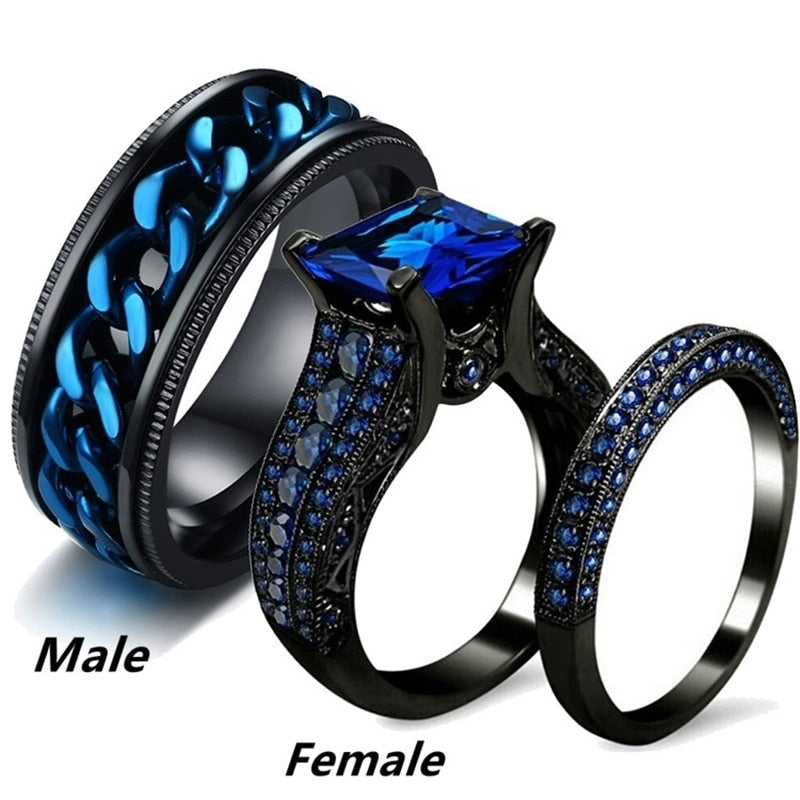 Couple  Blue Crystal Rings Set